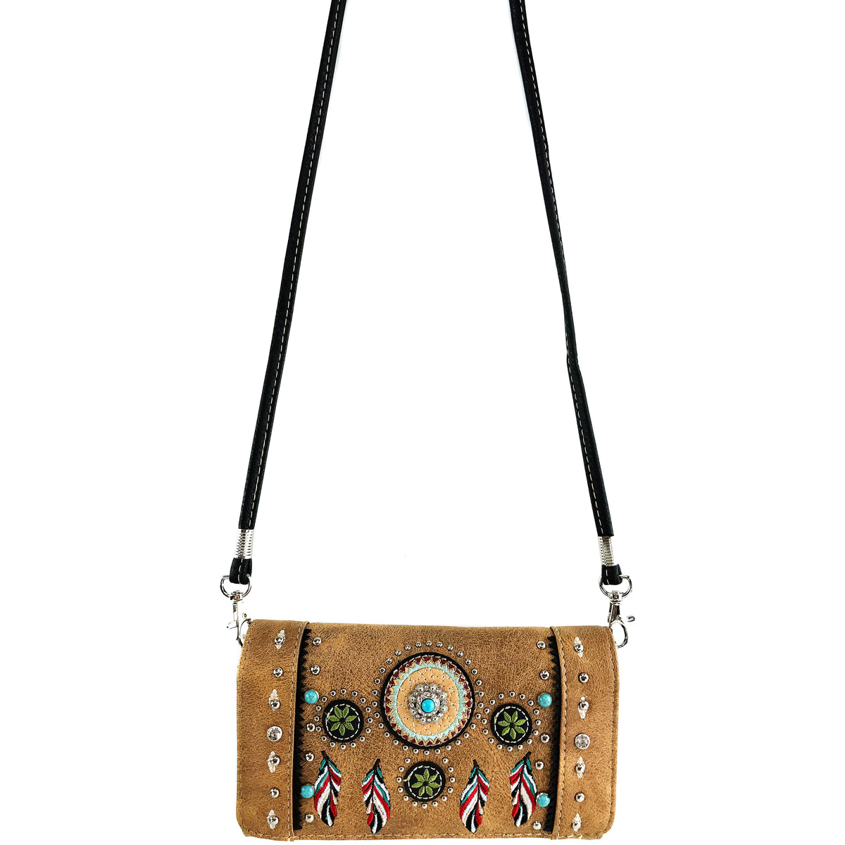 Zelris Tribal Native Dream Catcher Crossbody Wallet - Embroidered Feather & Concho Design, Fold Wallet With Strap - View #5
