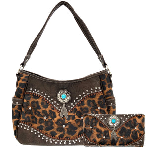 Leopard Animal Print Concealed Carry Feather Concho Country Vintage Western Handbag Hobo Purse Wallet Set