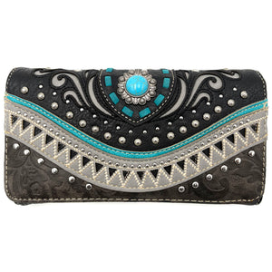 Western Carving Turquoise Concho Tote Purse Wallet Set