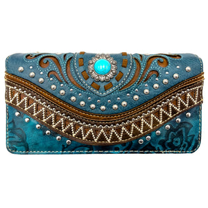 Western Carving Turquoise Concho Trifold Wallet
