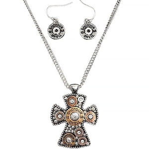 Hammered Plate Cross 12 Gauge Shotgun Shell Rhinestone Chain Necklace with Matching Earrings