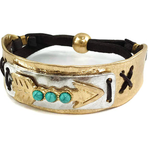 Western Tritone Hammered Plate Arrow Turquoise Leather Cuff Bracelet