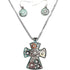 Hammered Plate Cross 12 Gauge Shotgun Shell Rhinestone Chain Necklace with Matching Earrings