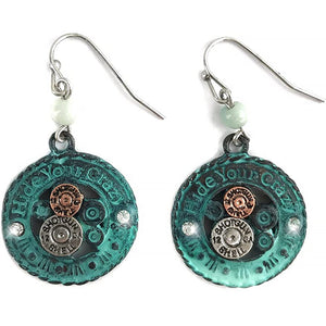 Hammered Plate Rope HIDE YOUR CRAZY Shotgun Shell Pendant Earrings