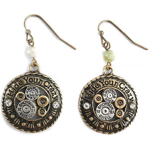 Hammered Plate Rope HIDE YOUR CRAZY Shotgun Shell Pendant Earrings