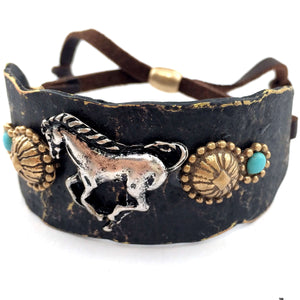 Western Hammered Plate Horse Concho Turquoise Brown Leather Cuff Bracelet
