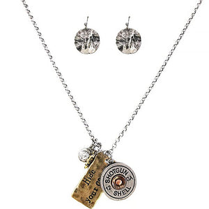 Hammered Plate Hide Your Crazy 12 Gauge Shotgun Shell Charms Chain Necklace with Matching Earrings