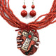 Seed Bead Chunky Leather Fringe Tied Round Stone Textured Cross Pendant Necklace with Earrings