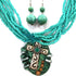 Seed Bead Chunky Leather Fringe Tied Round Stone Textured Cross Pendant Necklace with Earrings