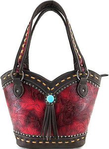 Dixie Turquoise Concho Fringe Floral Tooled Tote Purse