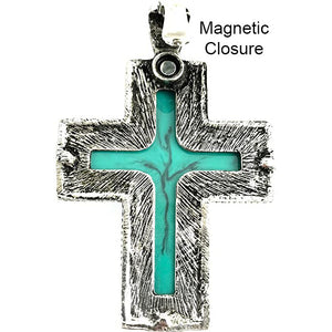 Western Tooled Turquoise Rhinestone Cross Magnetic Closure Pendant