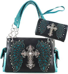 Plain Winged Rhinestone Cross Conceal Carry Handbag Wallet Set