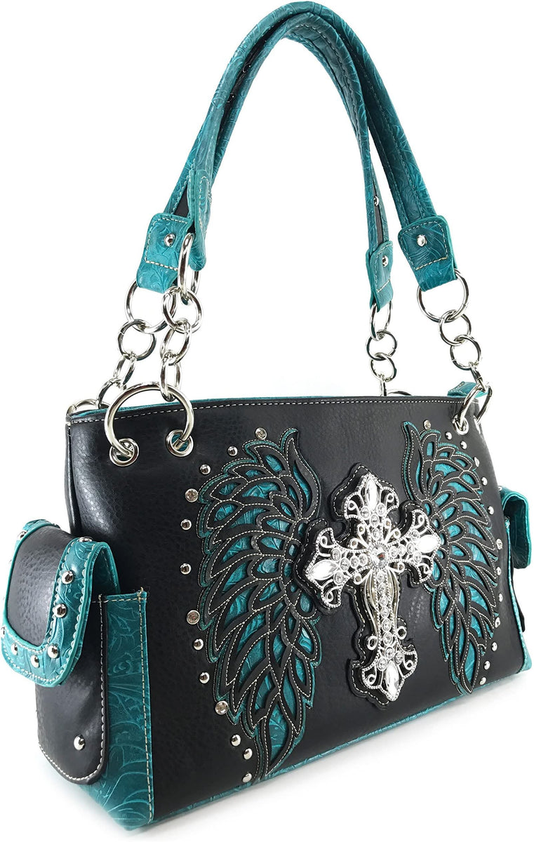 Plain Winged Rhinestone Cross Conceal Carry Handbag Wallet Set