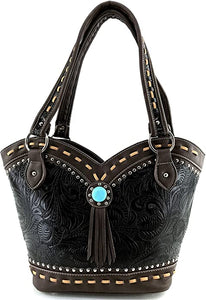 Dixie Turquoise Concho Fringe Floral Tooled Tote Purse