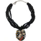 Seed Bead Chunky Leather Fringe Tied Round Stone Textured Cross Pendant Necklace with Earrings