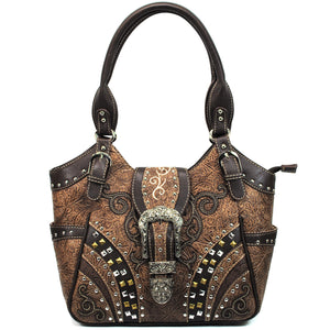 Clydesdale Buckle Studded Tooled Tote Purse