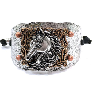 Western Floral Horse Bust Hammered Adjustable Cuff Bracelet