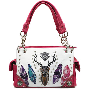 Elk Deer Embroidery Native Tribal Feather White Handbag