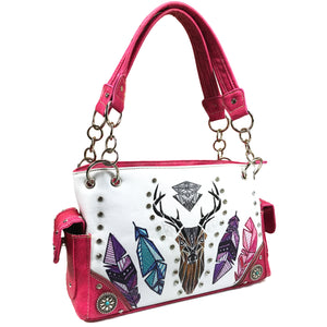 Elk Deer Embroidery Native Tribal Feather White Handbag