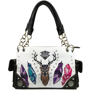 Elk Deer Embroidery Native Tribal Feather White Handbag