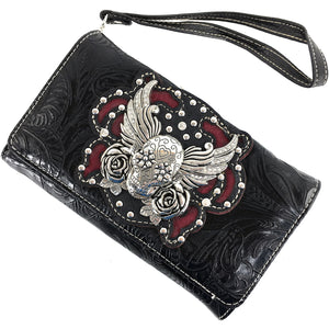 Original Sugar Skull Rose Wings Floral Carving Wallet