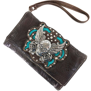 Original Sugar Skull Rose Wings Floral Carving Wallet