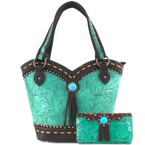 Dixie Turquoise Concho Fringe Tote Purse Wallet Set