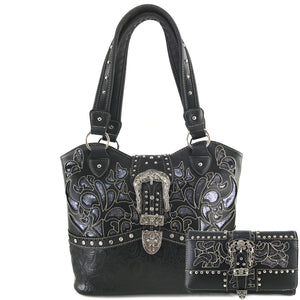 Gleam Cut Tooled Buckle Tote Purse Wallet Set