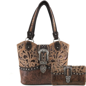 Gleam Cut Tooled Buckle Tote Purse Wallet Set