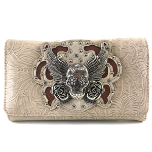 Original Sugar Skull Rose Wings Floral Carving Wallet