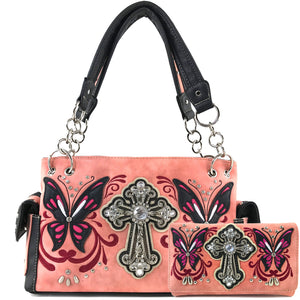 Swallowtail Butterfly Cross Studded Embroidery Handbag Wallet Set