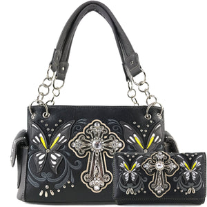 Swallowtail Butterfly Cross Studded Embroidery Handbag Wallet Set