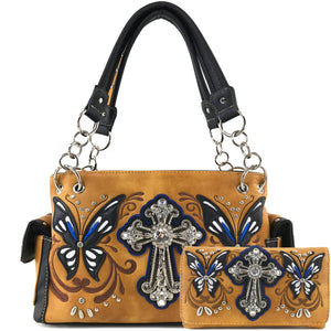 Swallowtail Butterfly Cross Studded Embroidery Handbag Wallet Set