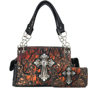 Camouflage Bling Shine Floral Cross Handbag Wallet Set
