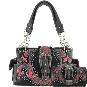 Longhorn Buckle Western Studded Handbag Wallet Set