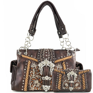 Fern Leaves Buckle Embroidery Handbag Wallet Set