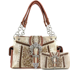 Fern Leaves Buckle Embroidery Handbag Wallet Set
