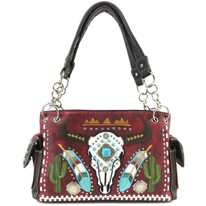 Longhorn Skull Feather Embroidery Handbag