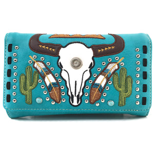 Longhorn Skull Feather Embroidery Wallet