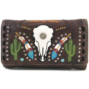 Longhorn Skull Feather Embroidery Wallet