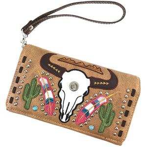 Longhorn Skull Feather Embroidery Wallet