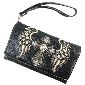 Cross Angel Wings Floral Imprint Wallet