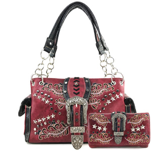Damask Floral Embroidery Buckle Studded Handbag Wallet Set