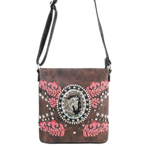 Damask Floral Embroidery Horse Studded Crossbody