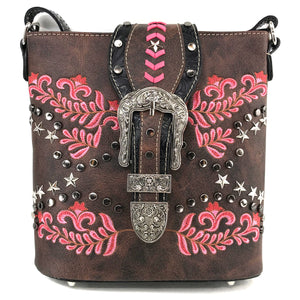 Damask Floral Embroidery Buckle Studded Crossbody