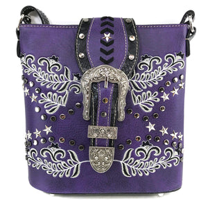 Damask Floral Embroidery Buckle Studded Crossbody