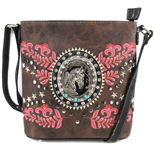Damask Floral Embroidery Horse Studded Crossbody