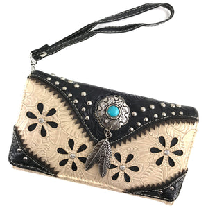 Floral Tooled Turquoise Concho Wallet
