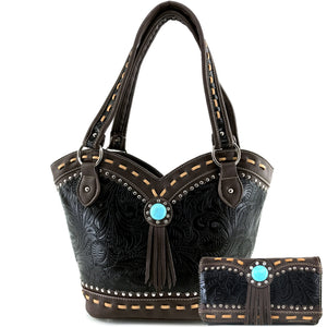 Dixie Turquoise Concho Fringe Tote Purse Wallet Set