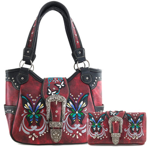 Swallowtail Butterfly Buckle Studded Embroidery Tote Purse Wallet Set